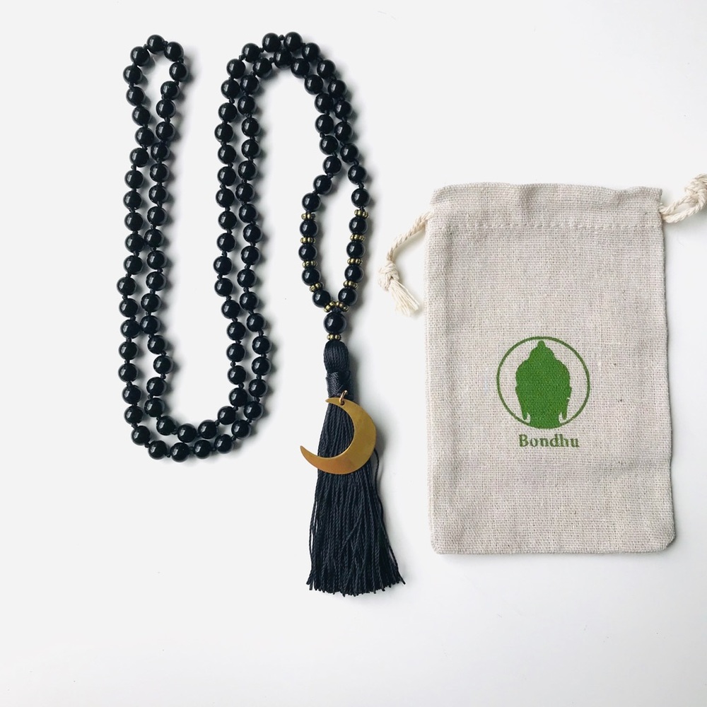 Crescent Moon 🌙 Black Onyx Mala Bead Necklace